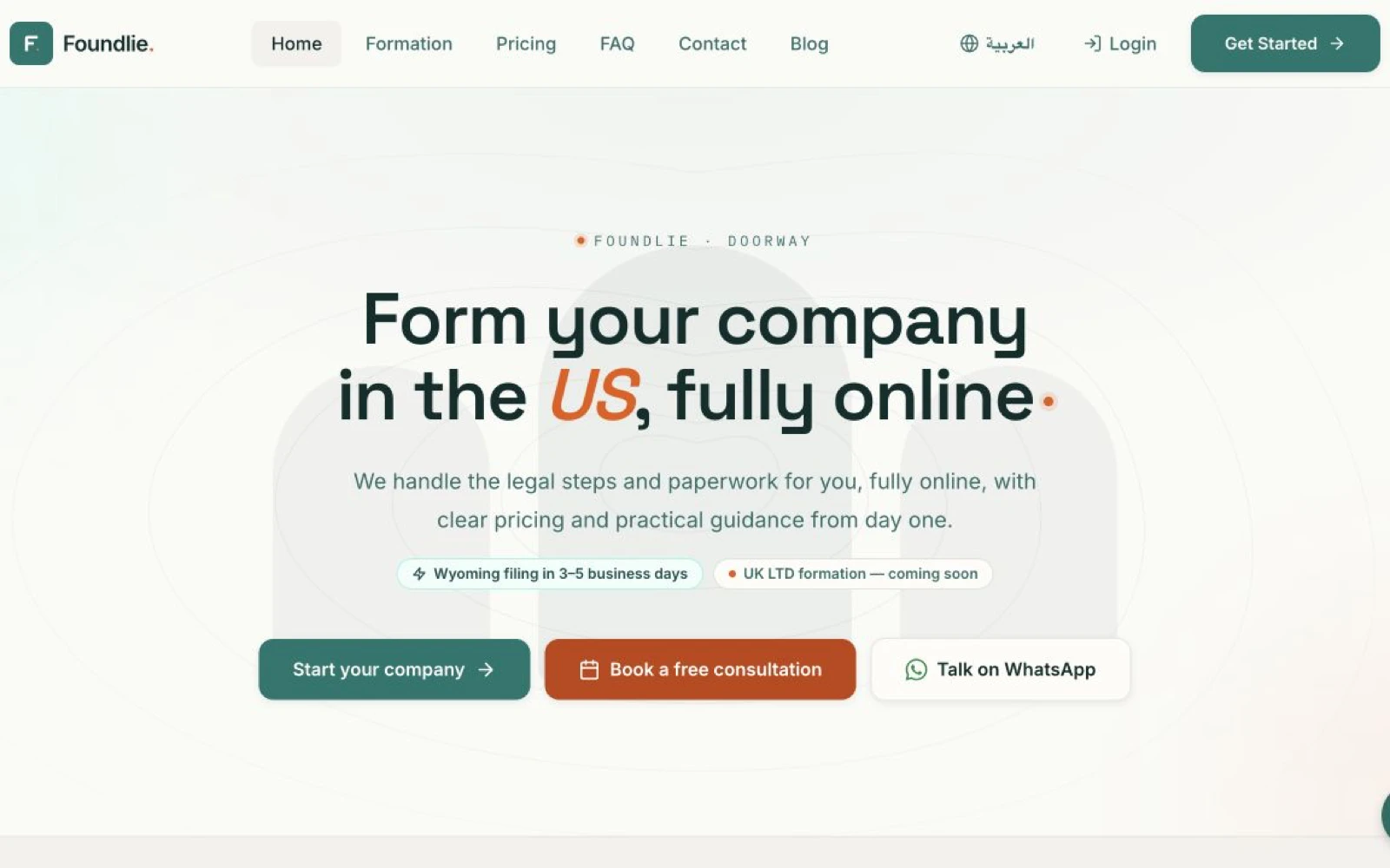 Foundlie public homepage showing the online US company formation experience.