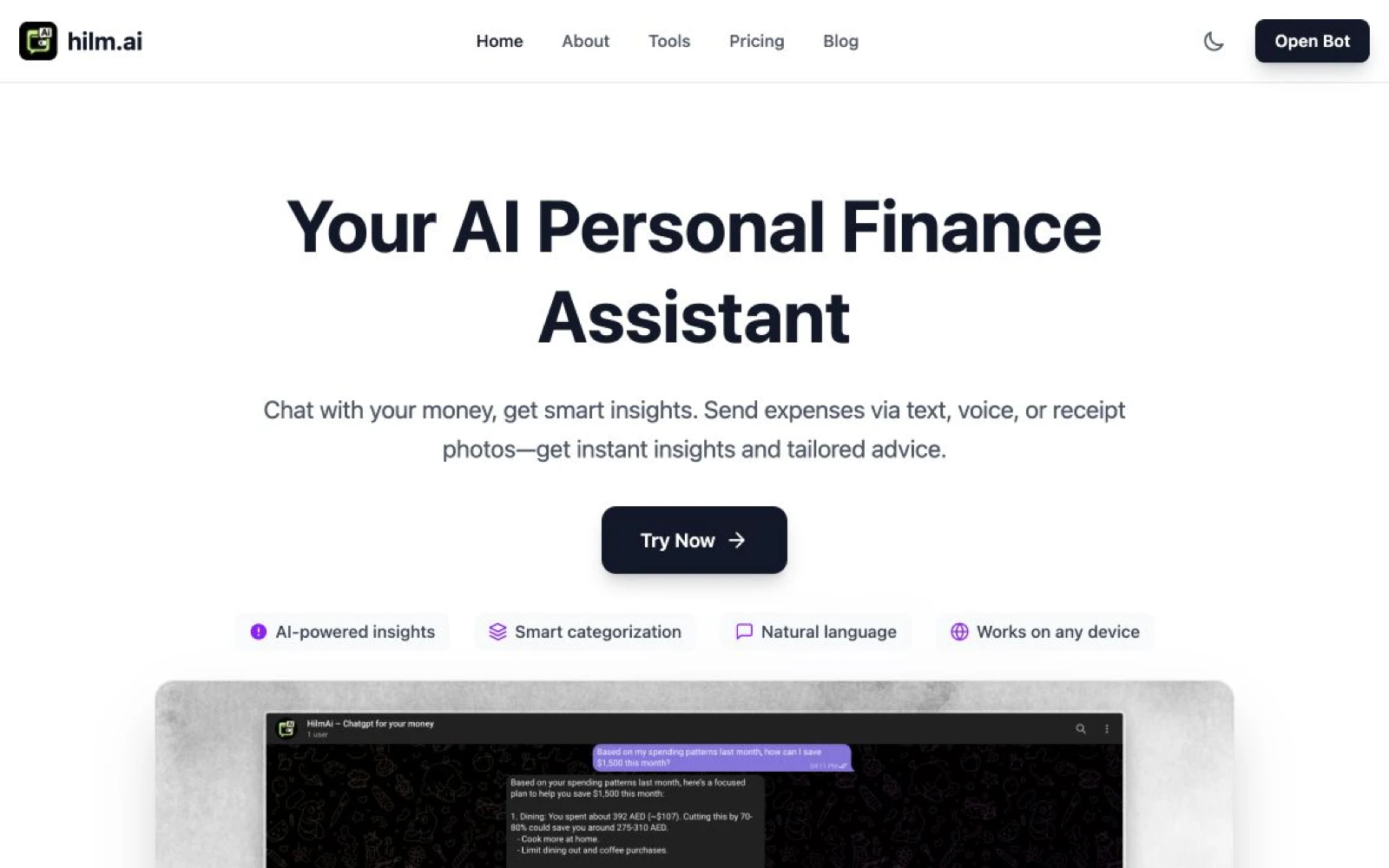 Hilm public homepage showing the AI personal finance assistant and its product interface.