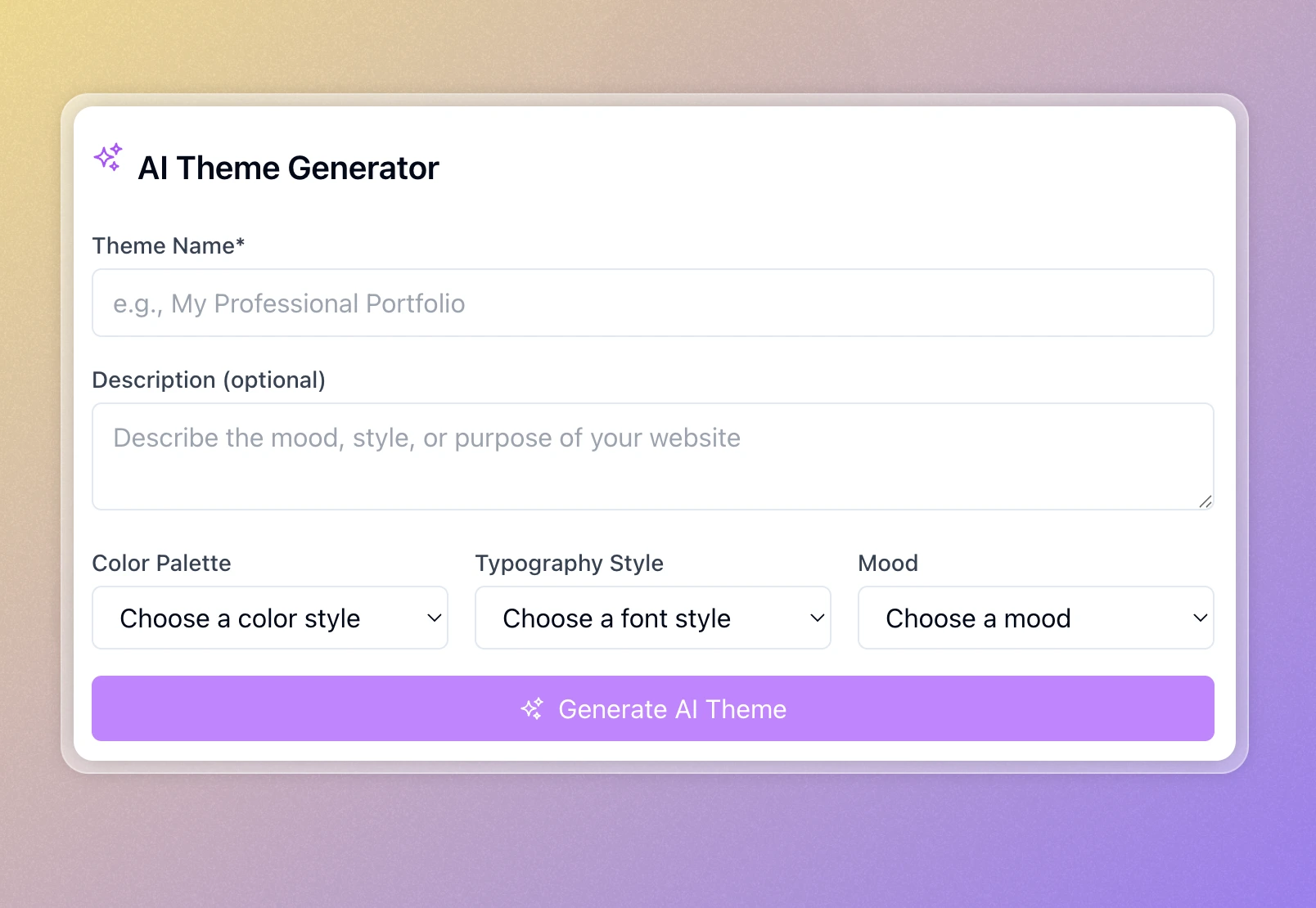 HilmAI Site Builder theme generator showing an AI-generated portfolio theme preview and customization controls.